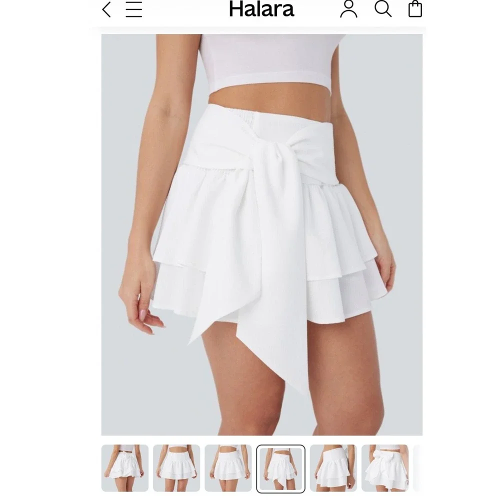 Halara White High‎ Waisted Ruffle Mini Skirt Oversized Bow Tiered Skirt L NWT